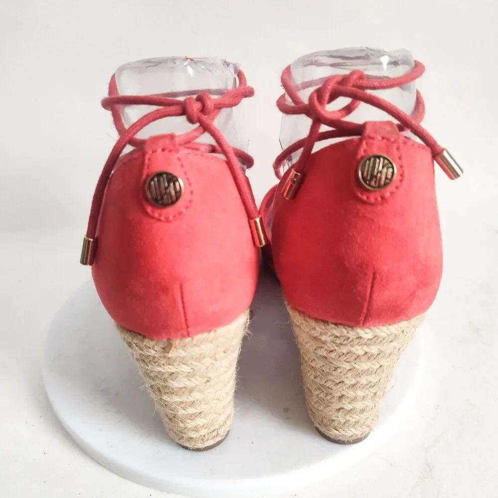 Unisa Red Laser Cut Women's Sandals Size 8 Espadrille‎ Wedge Open Toe Ankle Tie